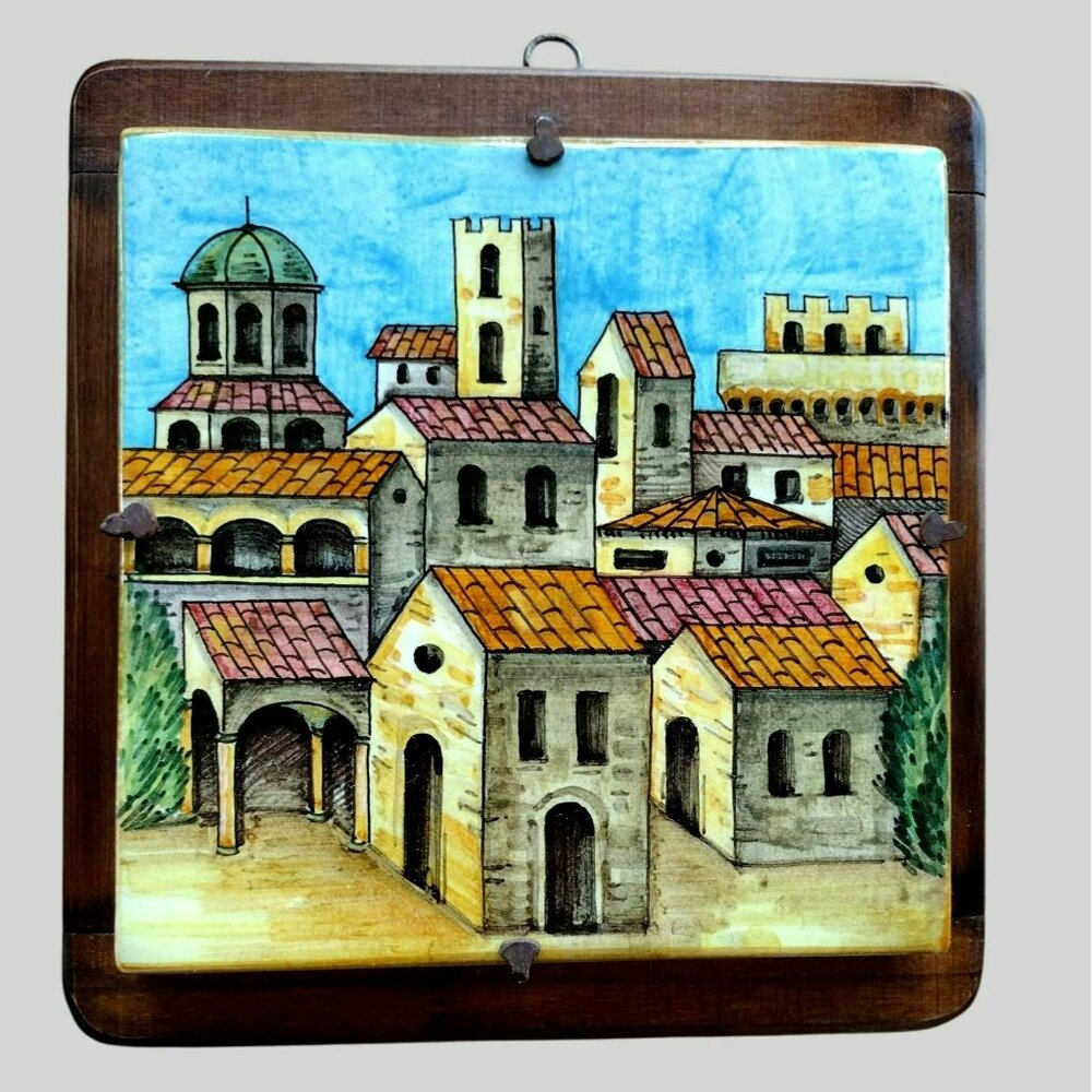 Hand Painted Italian Majolica Wall Art Tile On Wood By Patrizia, 9" Rustic Italy
